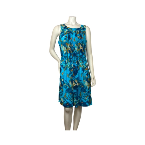 Calvin Klein Sleeveless Pleated Shift Dress Size 10 Turquoise Multicolor Print - Picture 1 of 14